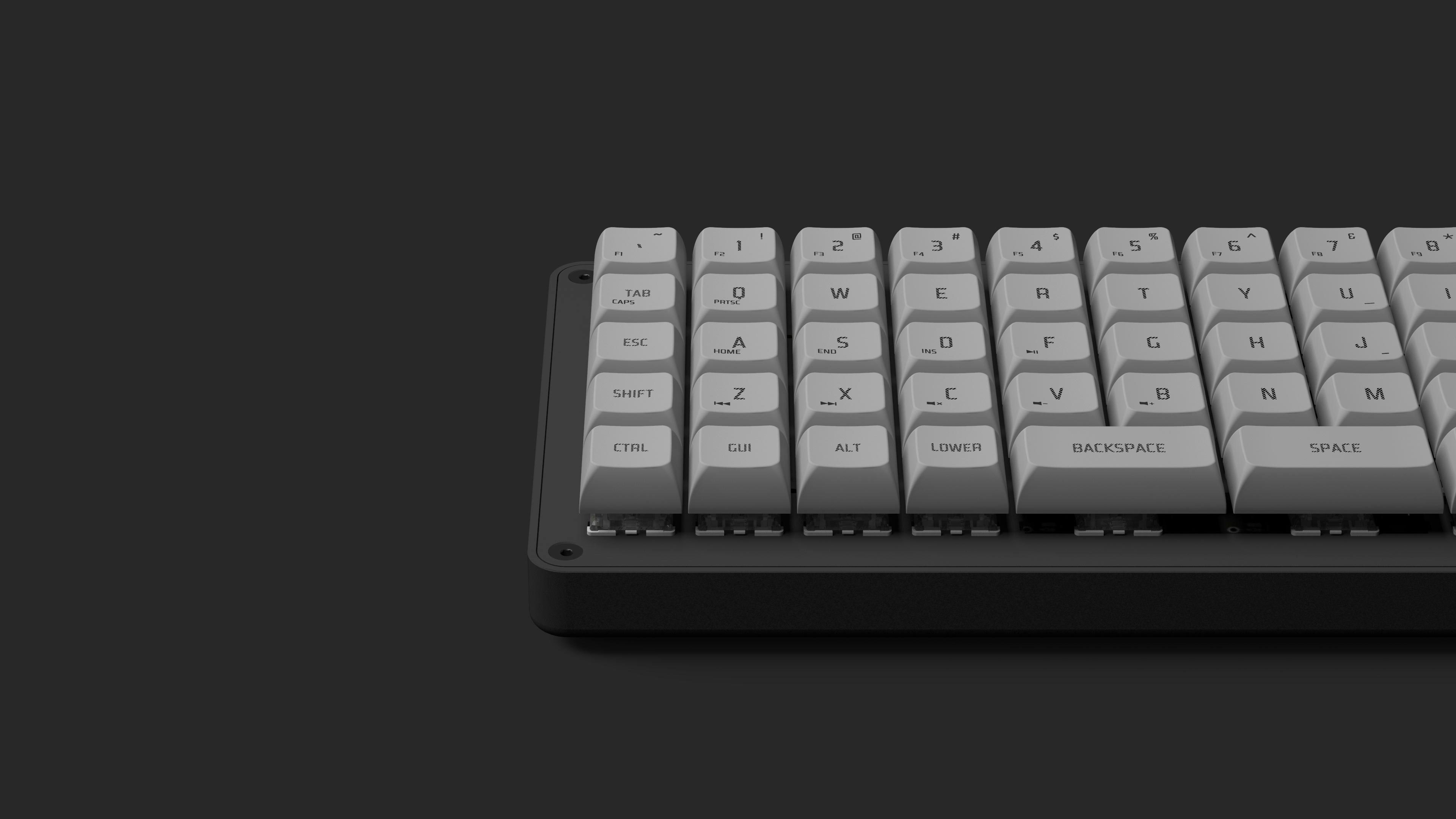 3/4 view of Gizmo Engineering GK6 Black Knight keyboard