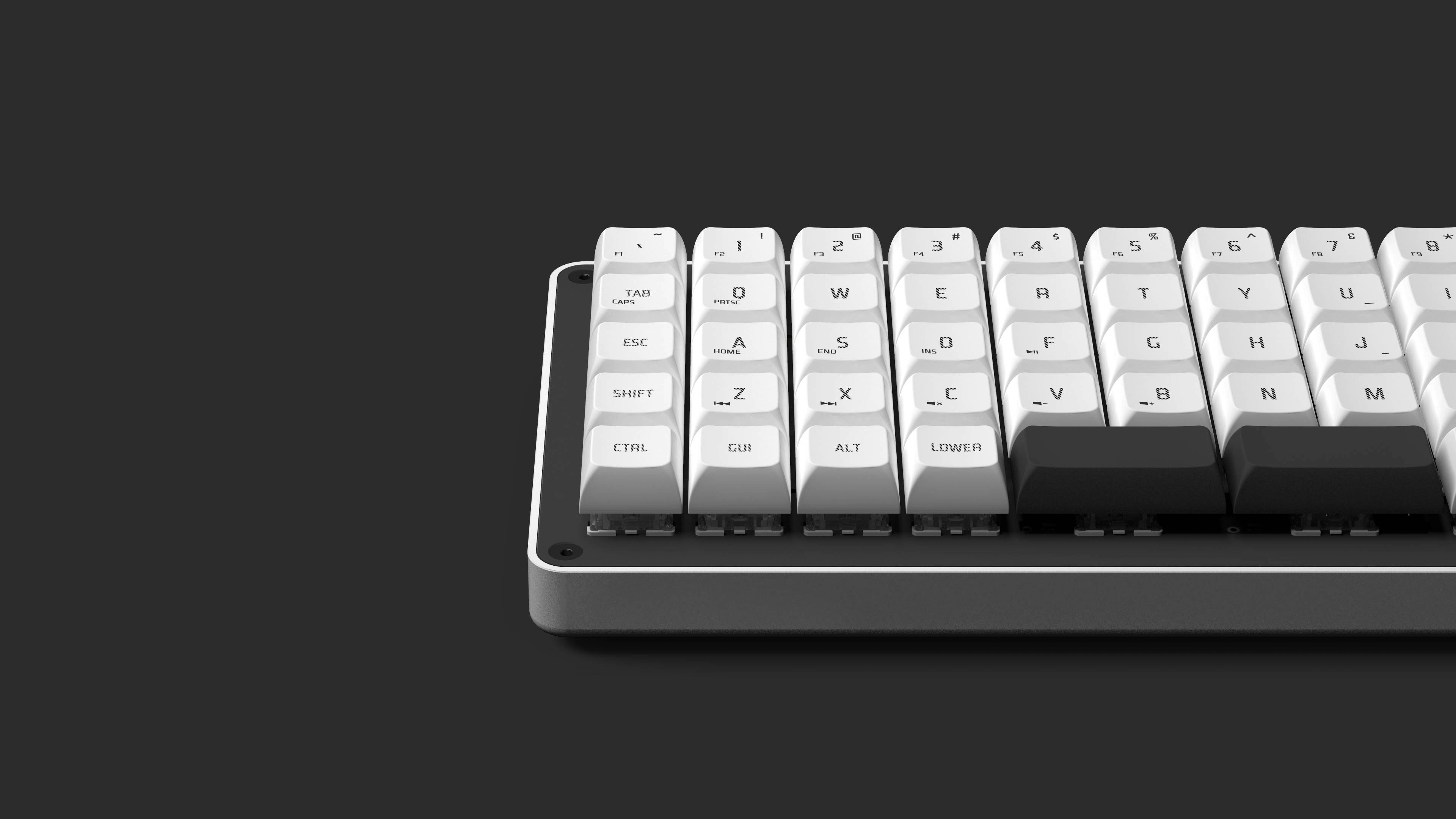 3/4 view of Gizmo Engineering GK6 Imperial Panda keyboard