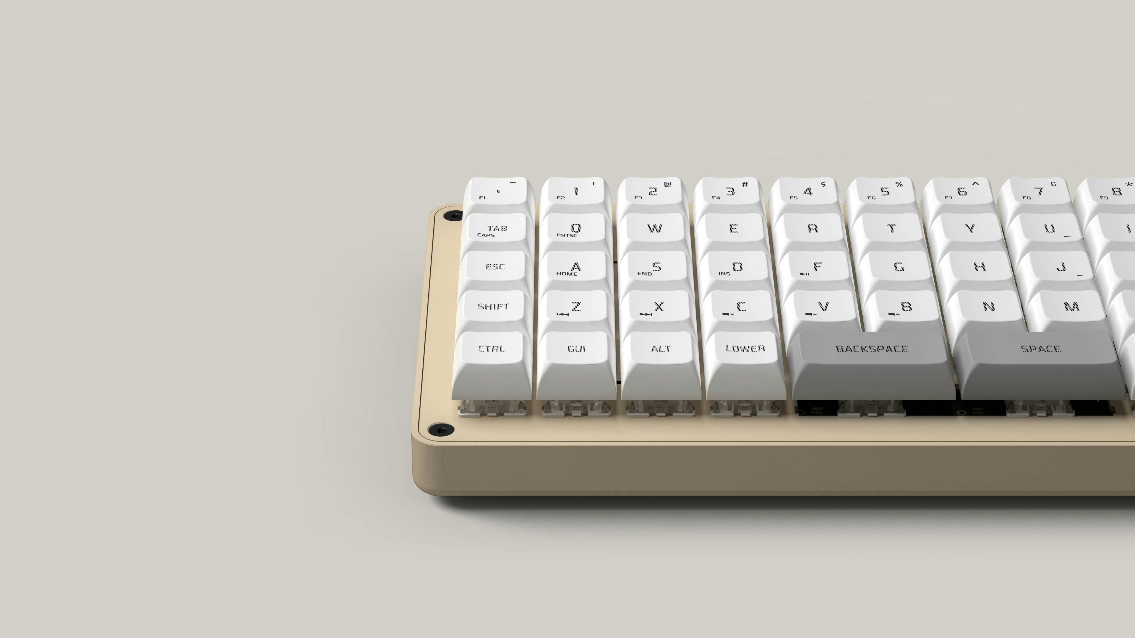 3/4 view of Gizmo Engineering GK6 Desert Tan keyboard