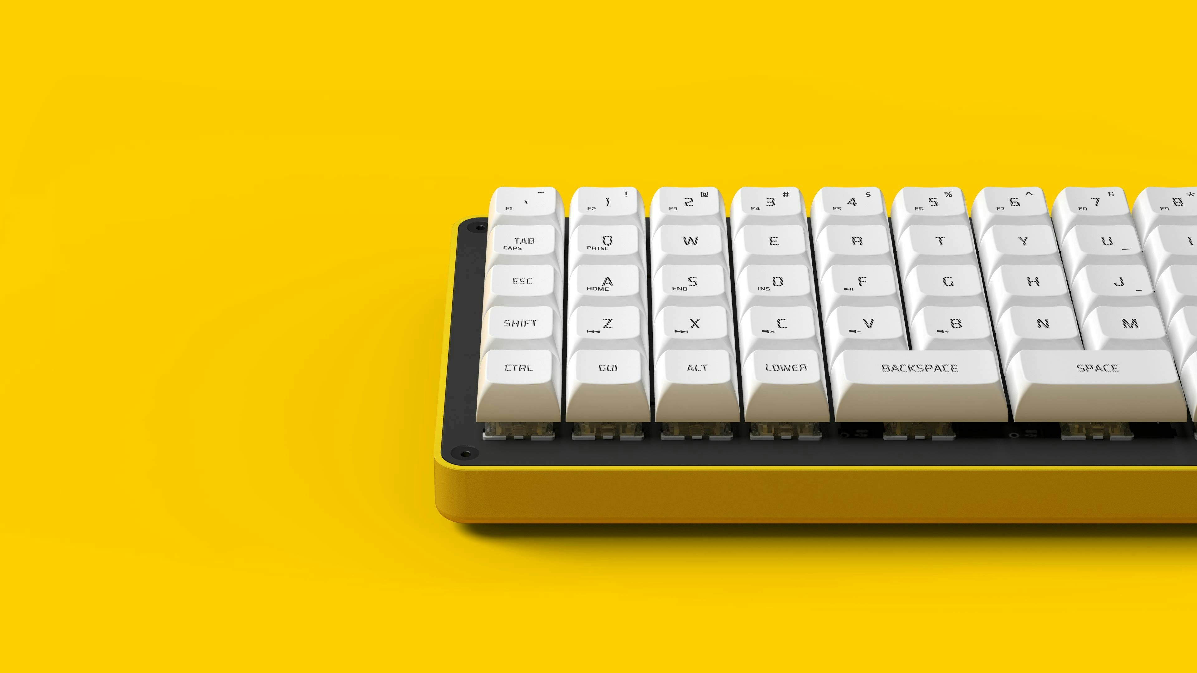 3/4 view of Gizmo Engineering GK6 Yellow Mellow keyboard